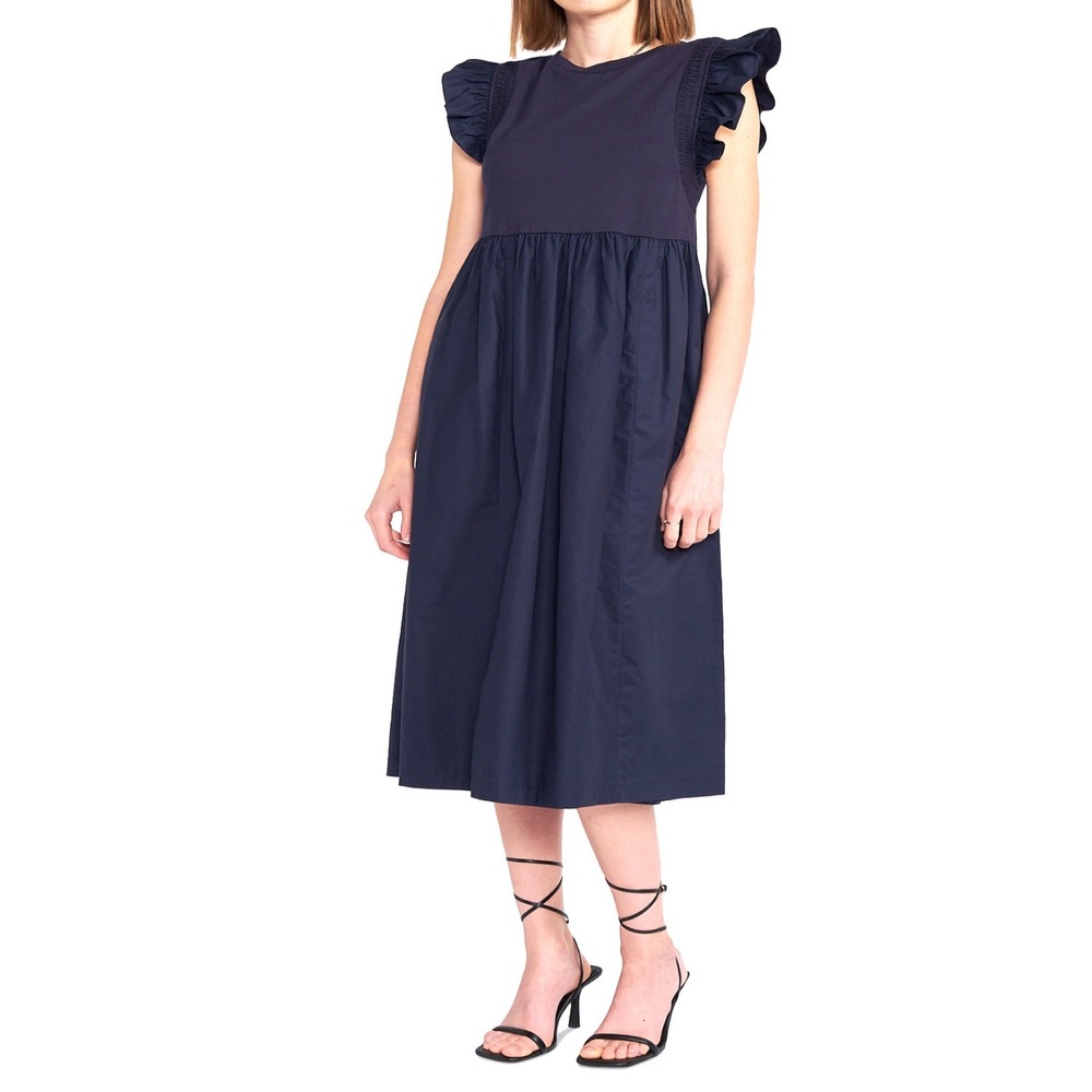 En Saison Navy Blue Ruffle Sleeve Smocked Bodice Midi Dress Women's Casual‎ Chic